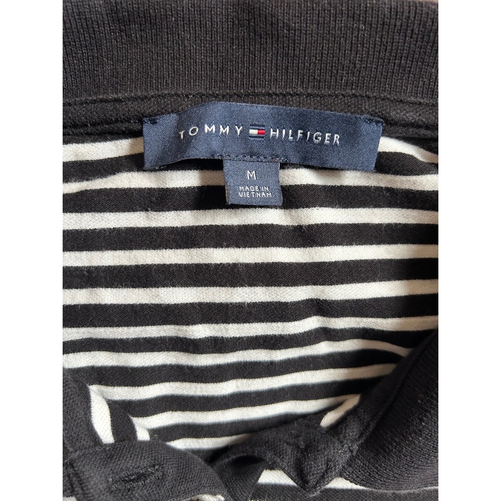 Polo Shirt Black White Striped Short Sleeve Cotton Button Down Tommy Hilfiger